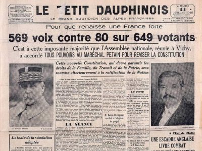 Le Petit Dauphinois Une: "pleins pouvoirs pétain"