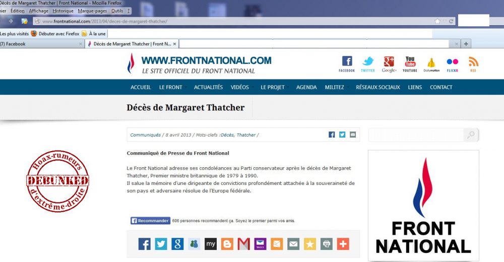 fn communiqué décès Tatcher