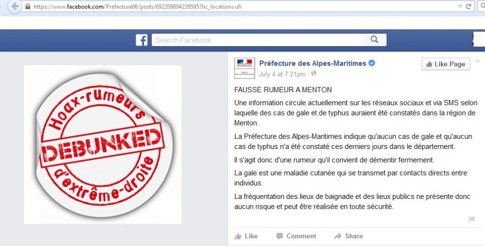 Capture facebook épidémie migrants démenti préfecture