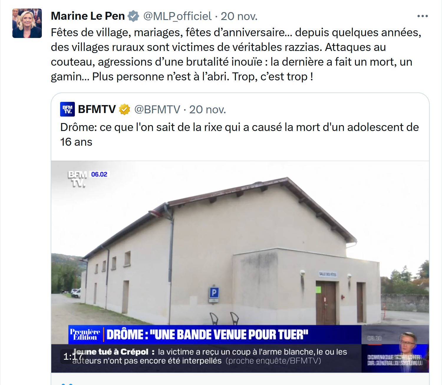 capture twitter marine le pen crépol ensauvagement RN